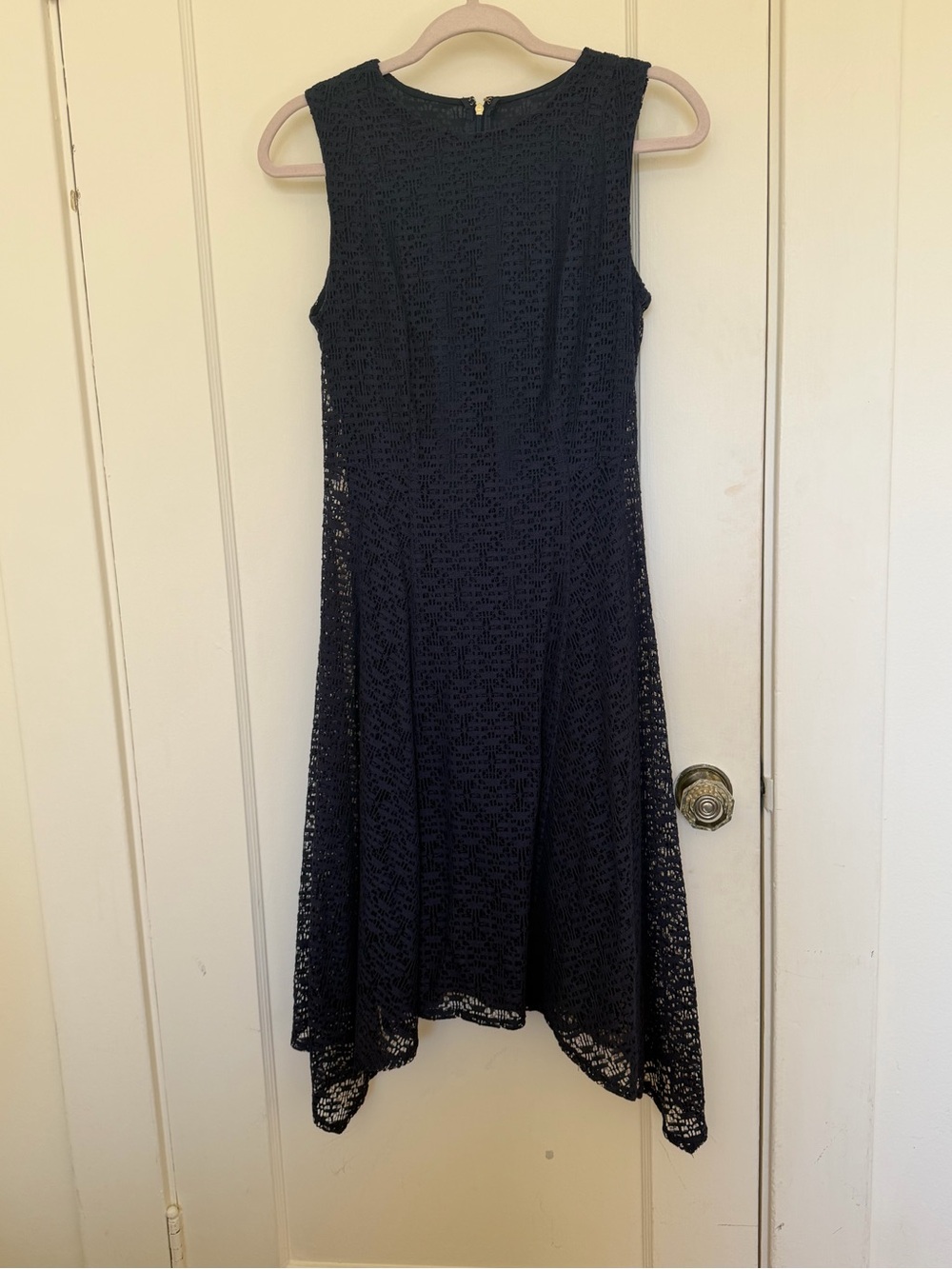 DKNY Navy Lace Sleeveless Handkerchief Hem Dress
